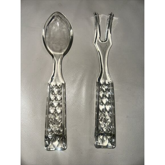 Vintage Glass 9.5" Serving Fork And Spoon Set Embossed Diamond Pattern EUC - Picture 1 of 7